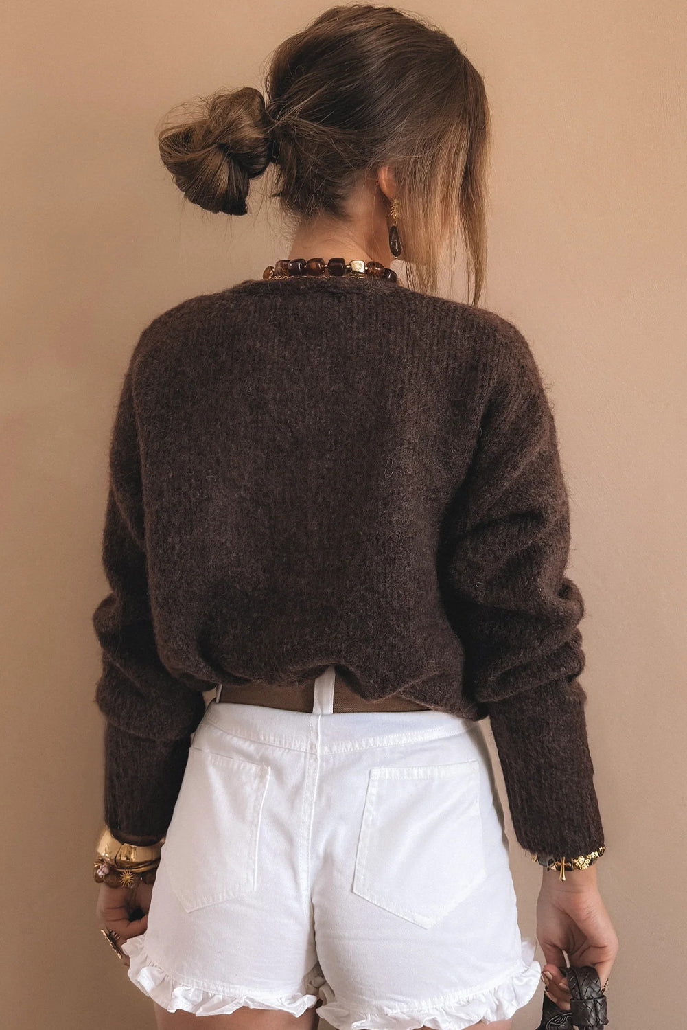 Chicory Coffee Heart Metal Button V Neck Cardigan Sweater