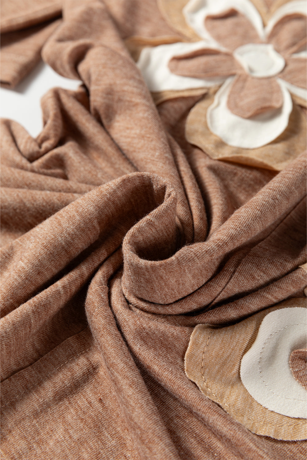 Straw Yellow Floral Patchwork V Neck Long Sleeve T Shirt