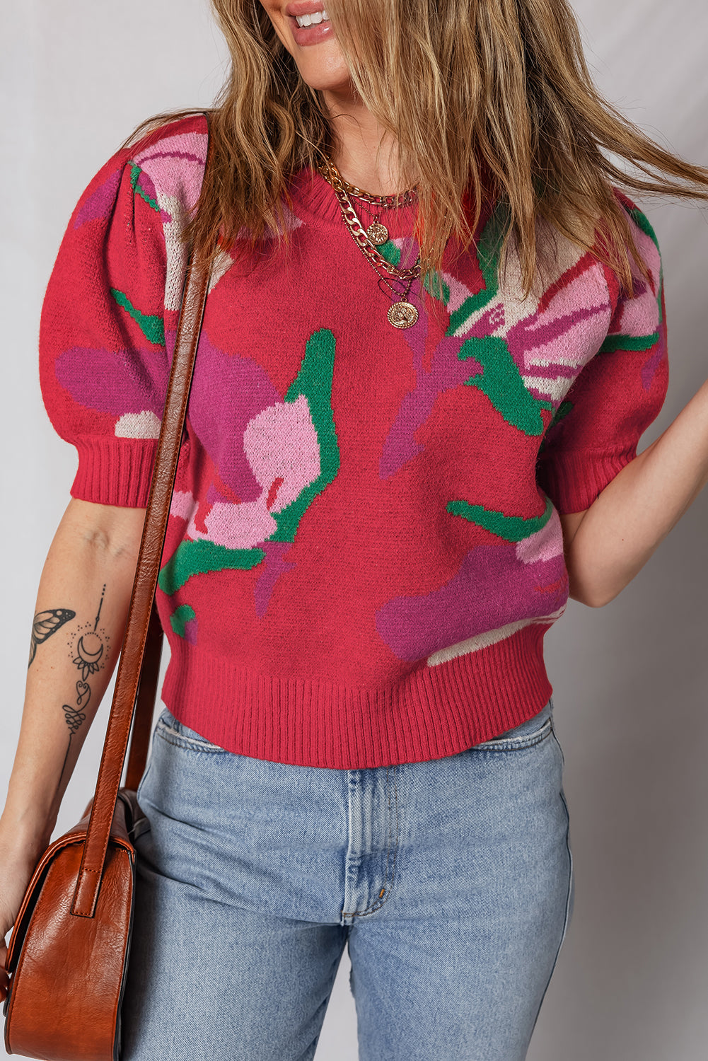 Red Floral Abstract Print Short Puff Sleeve Sweater