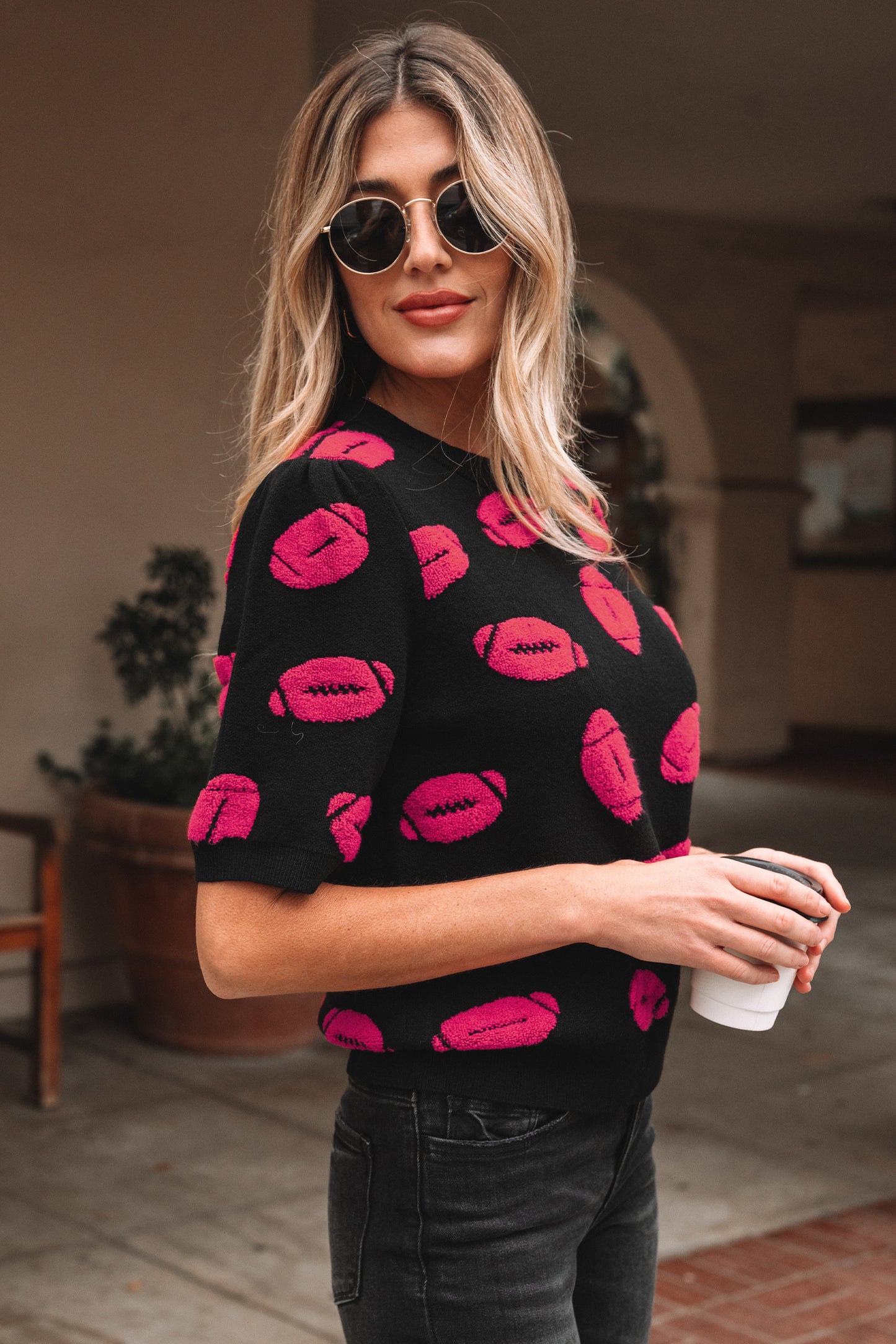 Black Rugby Print Casual Knit Short Sleeve Sweater