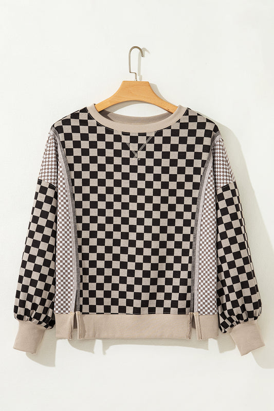 Khaki Mixed Checkered Pattern Patchwork High Low Casual Top