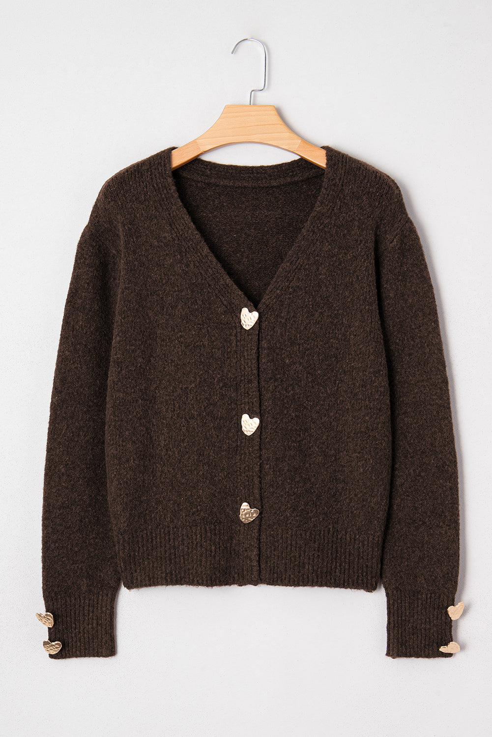 Chicory Coffee Heart Metal Button V Neck Cardigan Sweater