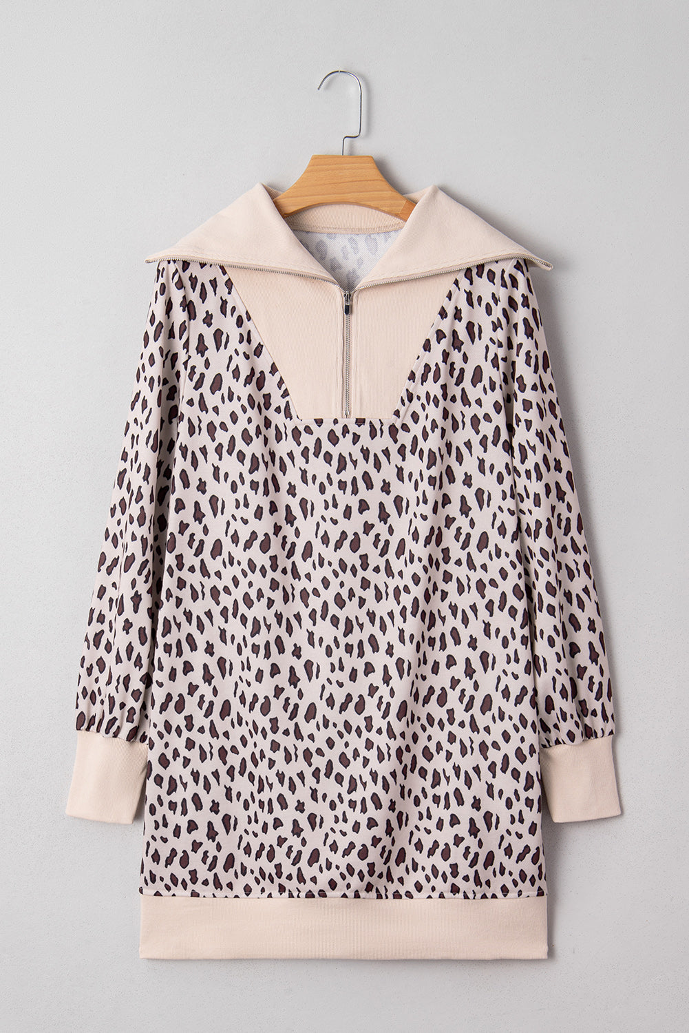 Khaki Leopard Print Zip up Collar Patchwork Shift Mini Dress