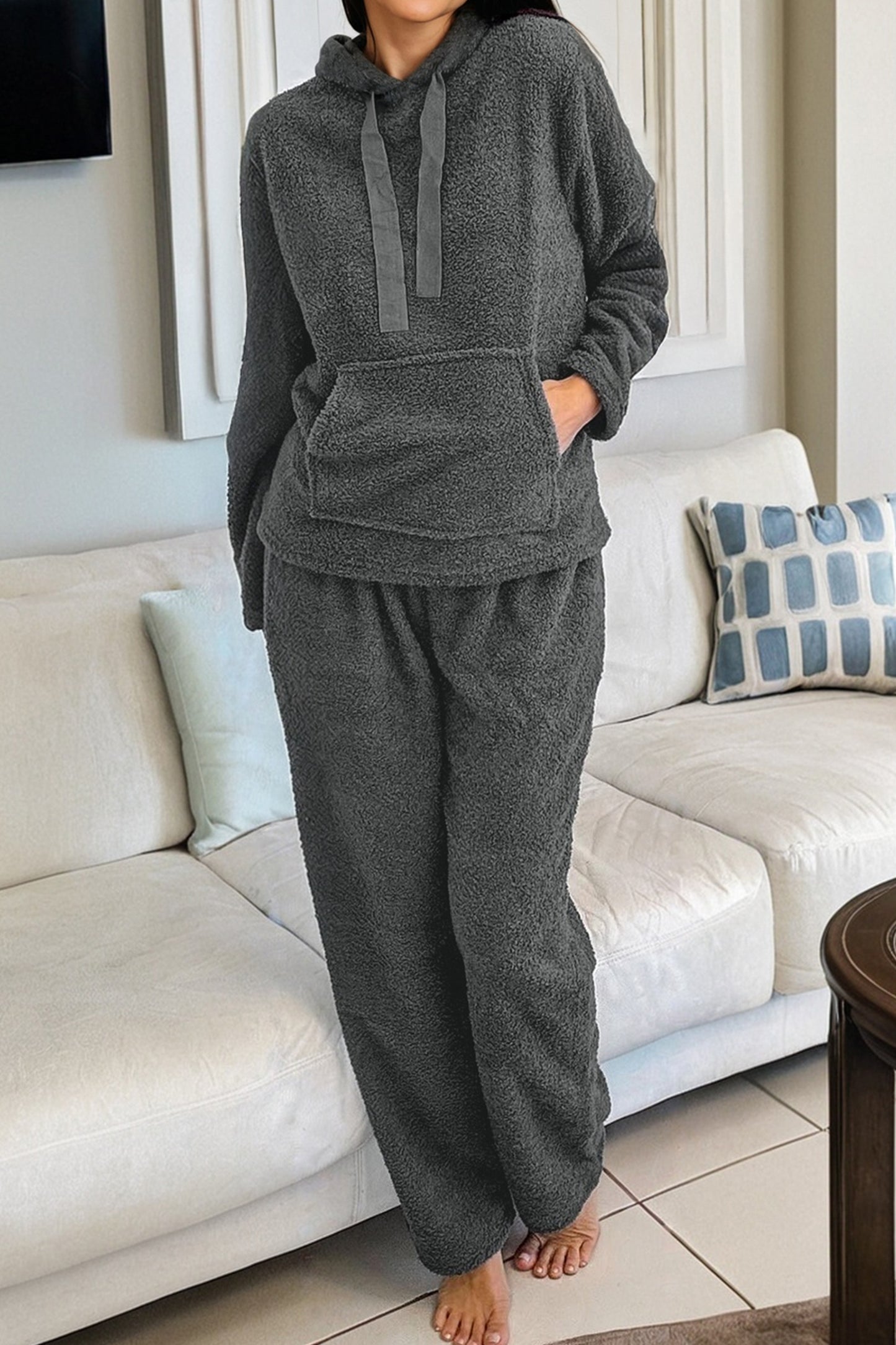 Medium Grey Fuzzy Drawstring Hoodie Lounge Pants 2pcs Set