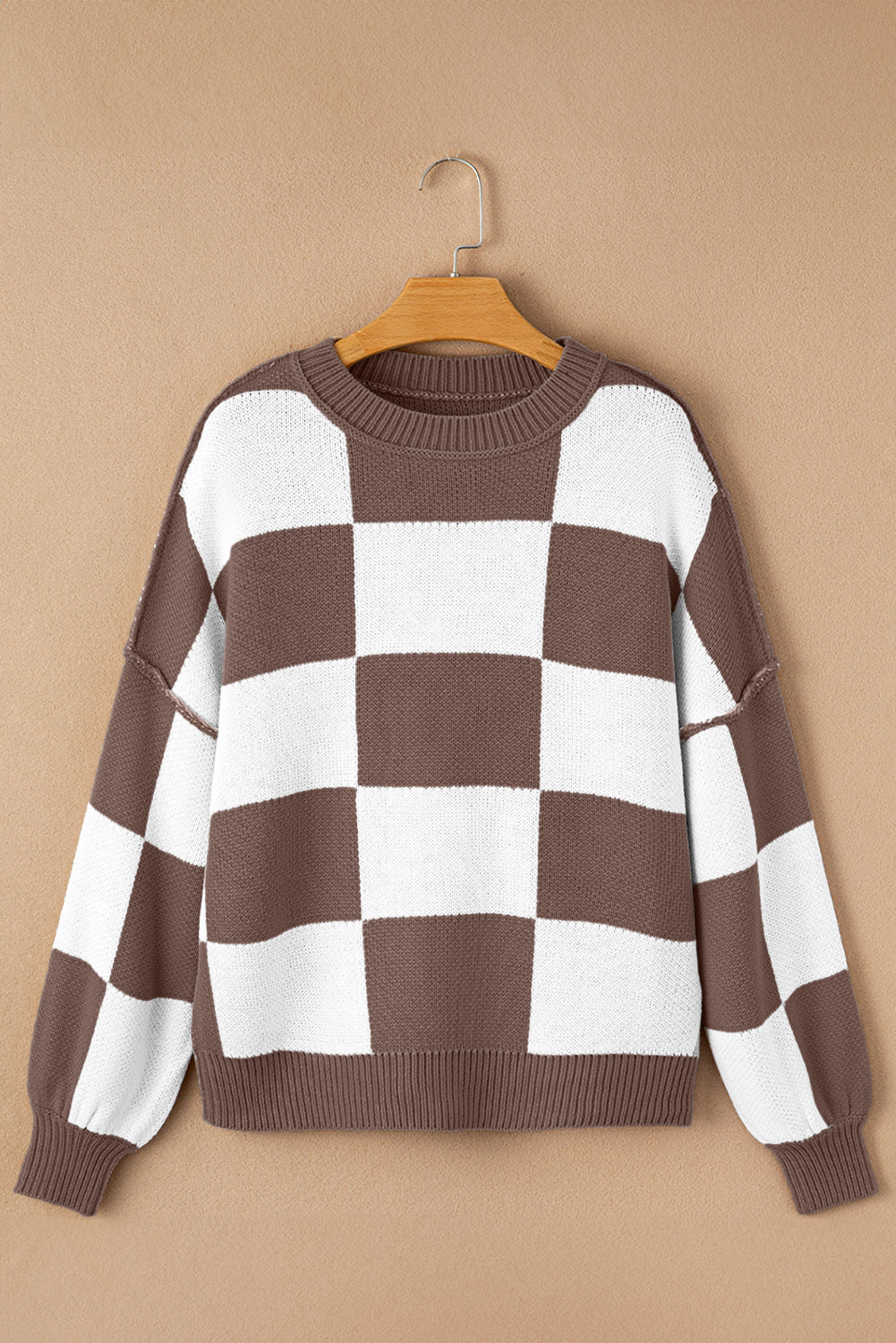 Dark Brown Checkered Bishop Sleeve Sweater