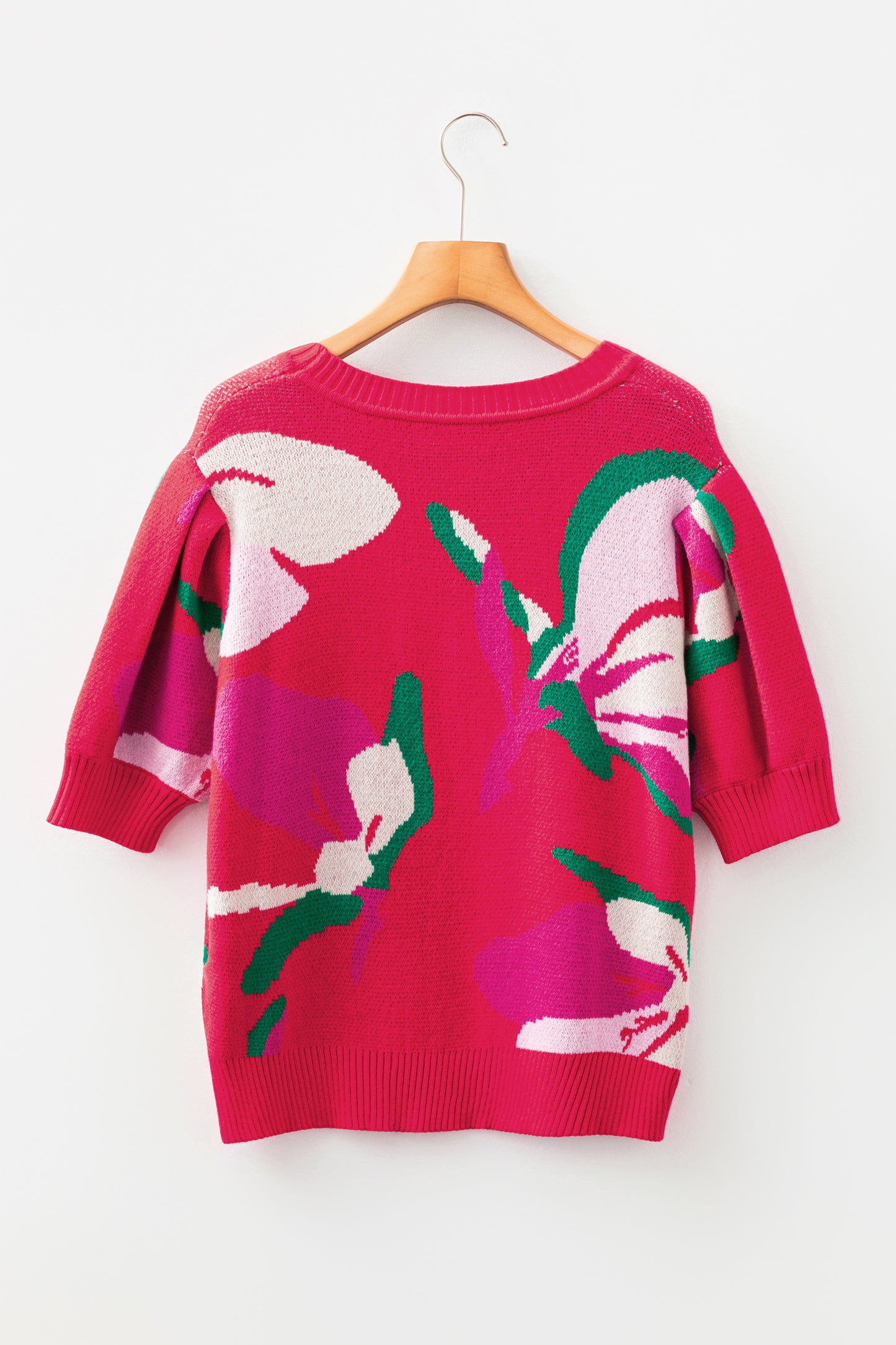 Red Floral Abstract Print Short Puff Sleeve Sweater