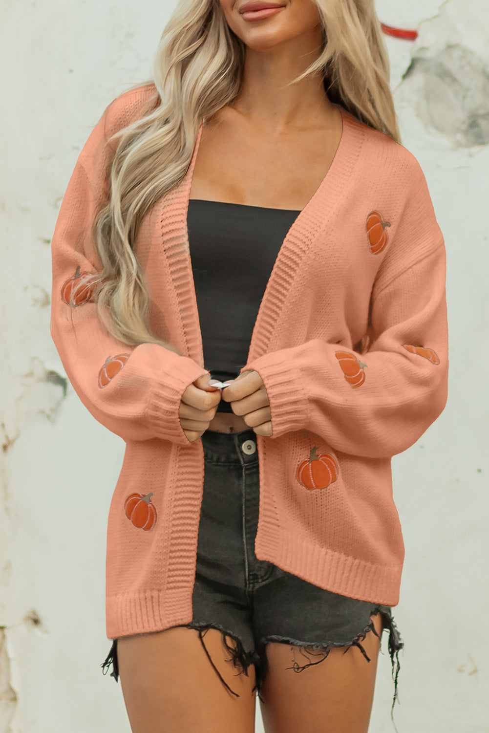 Straw Yellow Pumpkin Tree Print Open Front Drop Shoulder Midi Cardigan