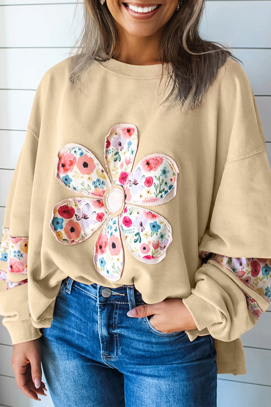 Pale Khaki Floral Applique Baggy Pullover Sweatshirt