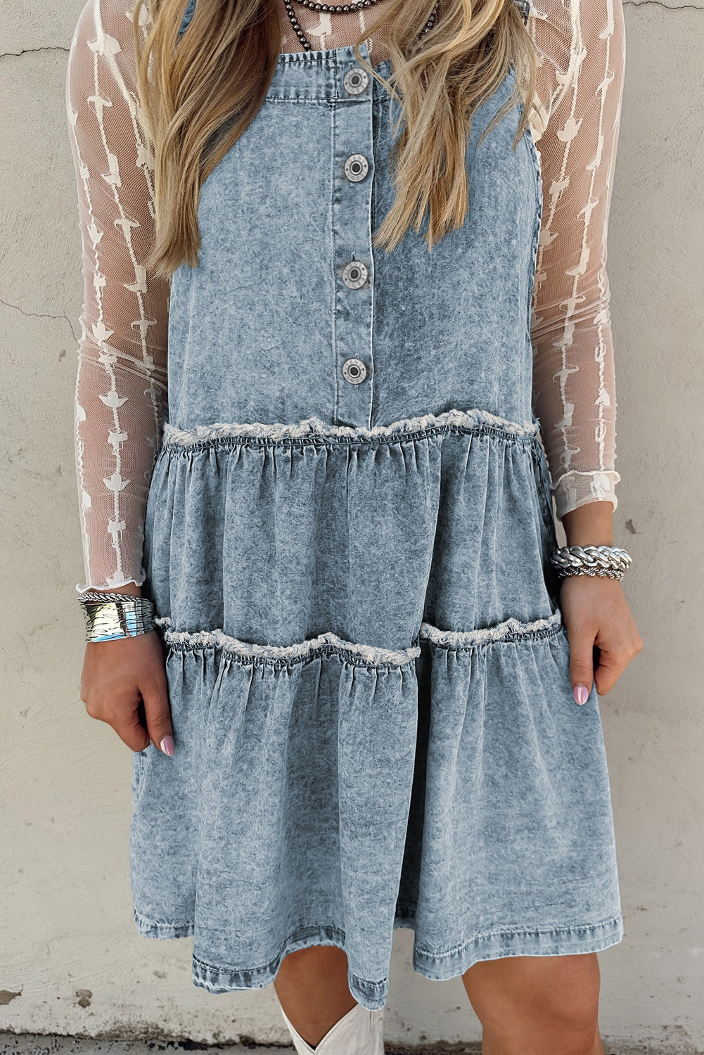 Dusk Blue Light Wash Tiered Flowy Overall Denim Dress