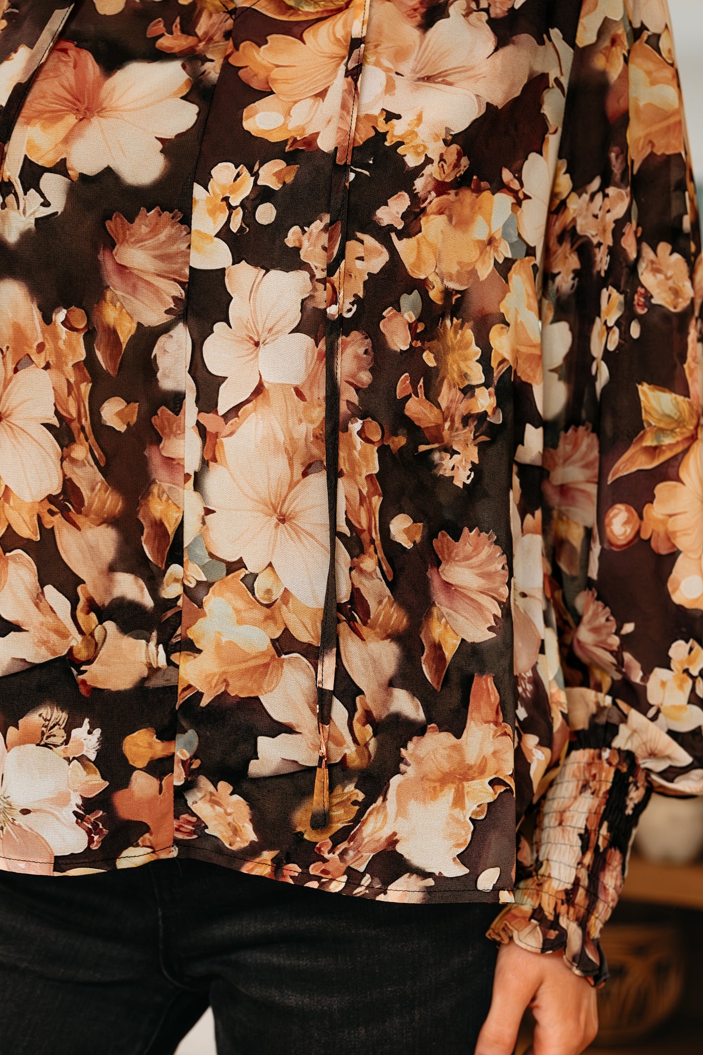 Black Floral V Neck Long Puff Sleeve Breezy Blouse