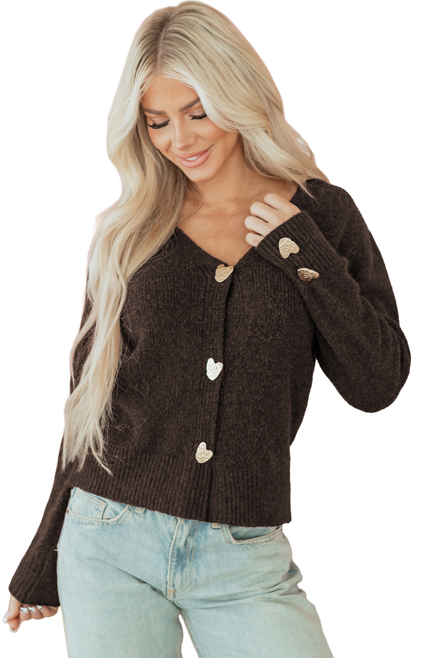Chicory Coffee Heart Metal Button V Neck Cardigan Sweater