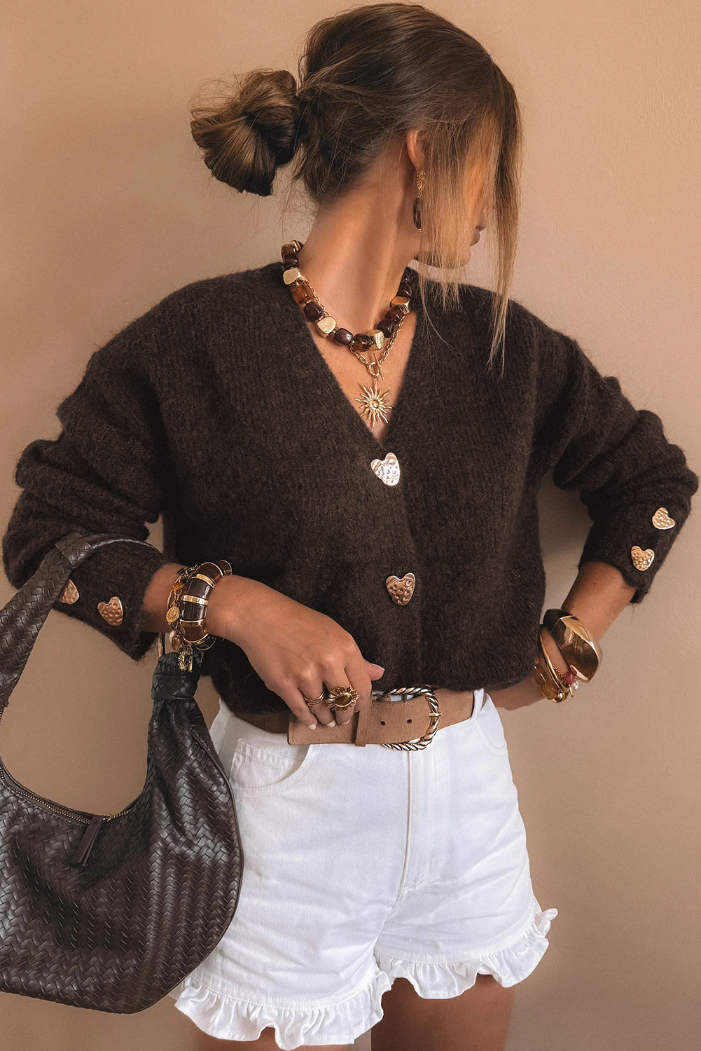 Chicory Coffee Heart Metal Button V Neck Cardigan Sweater