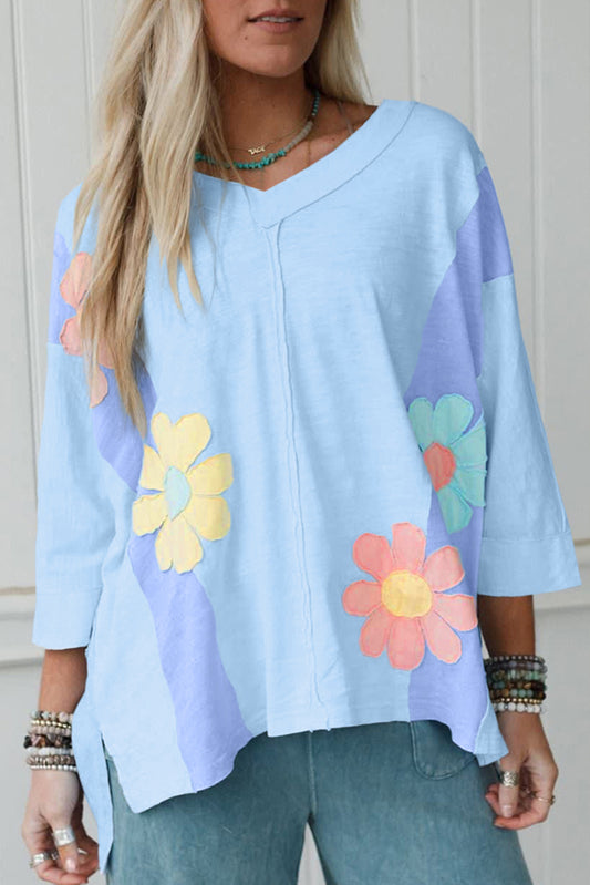 Light Blue Flower Patched Exposed Seam Bracelet Sleeve Oversized T Shirt