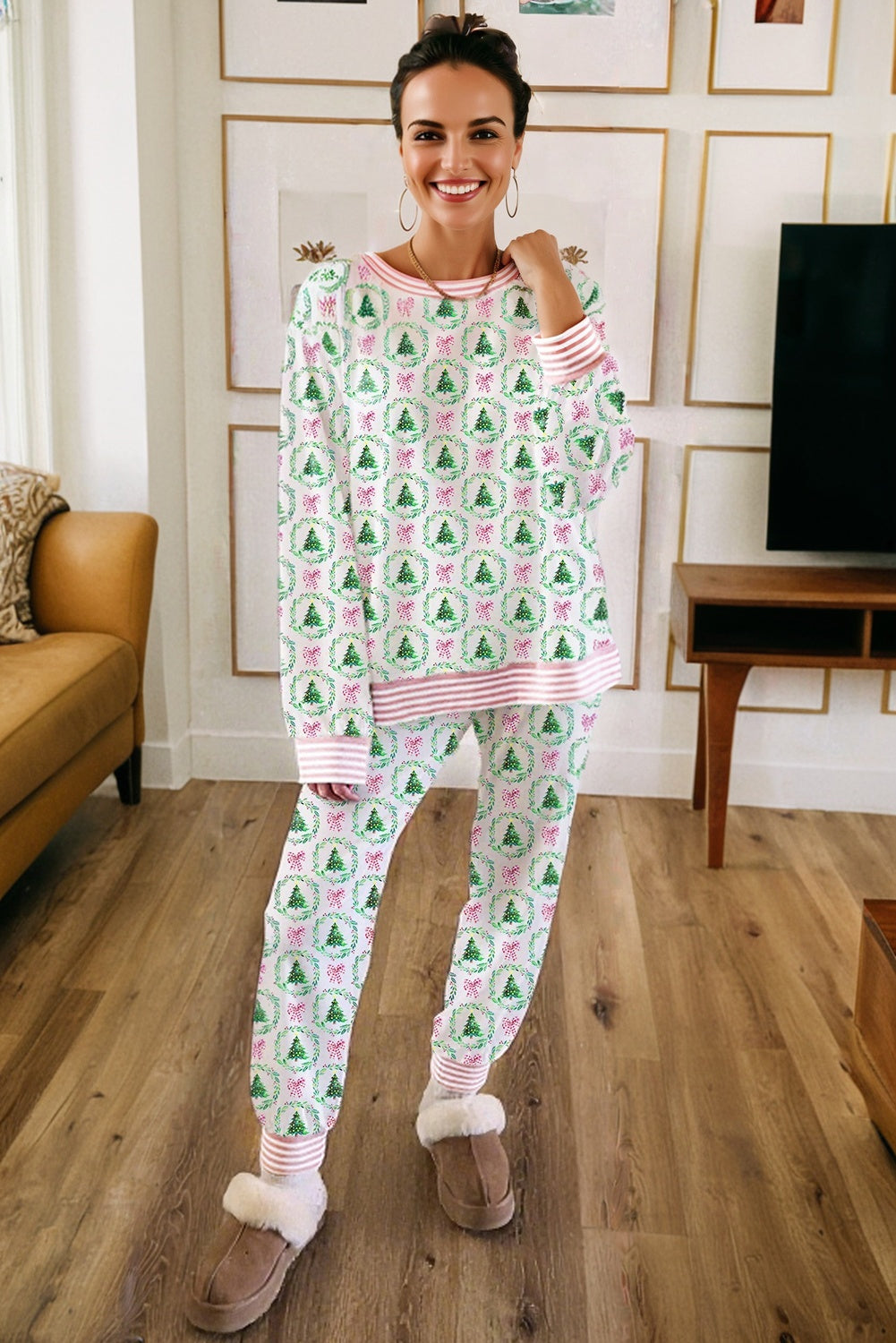 Green Bow Christmas Tree Print Contrast Striped Banding 2pcs Lounge Set