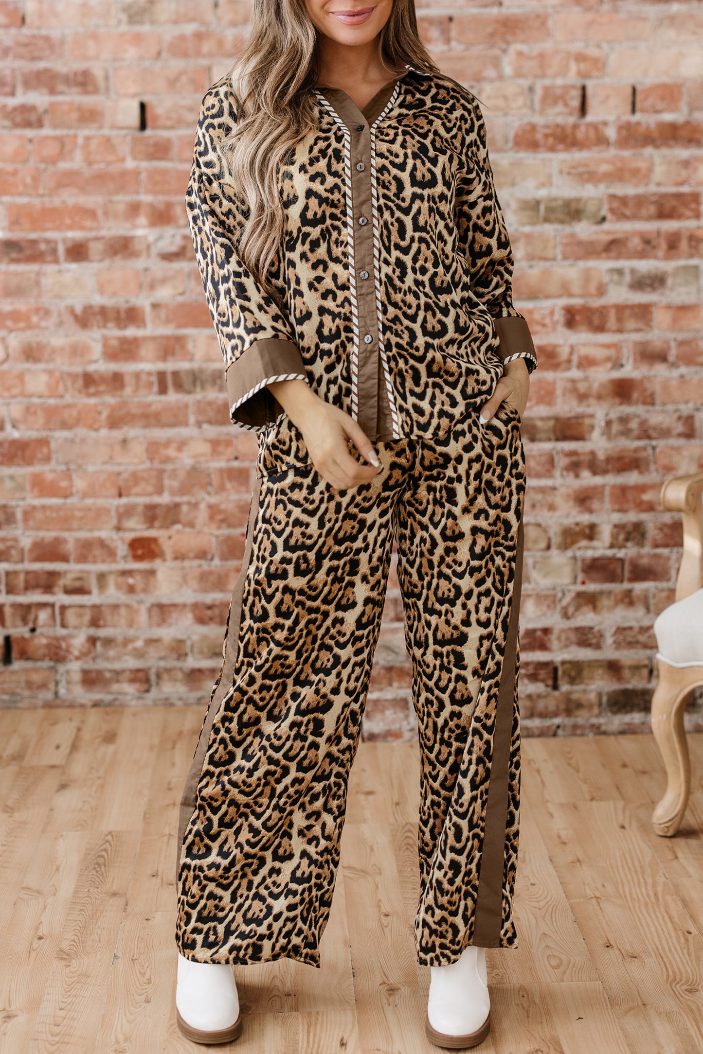 Brown Leopard Collared 3/4 Sleeve Shirt and Loose Pants Two Piece Outfit Set