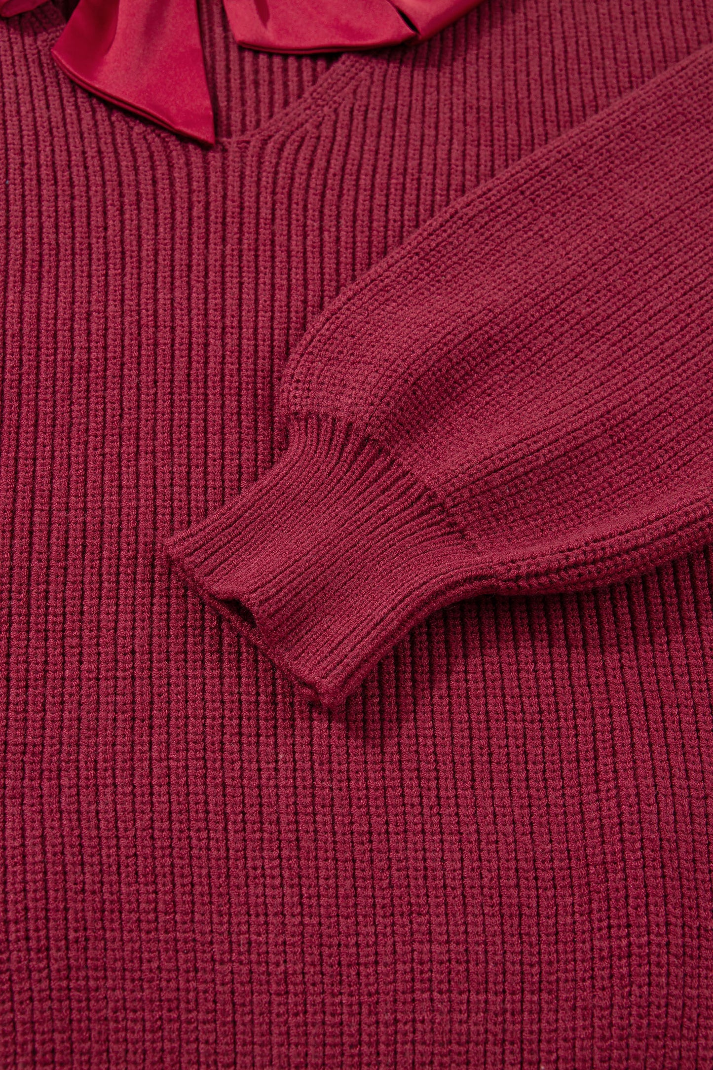 Red Dahlia Ribbed Knit Ribbon Knot Backless Drop Shoulder Sweater
