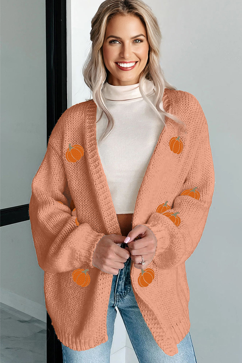 Straw Yellow Pumpkin Tree Print Open Front Drop Shoulder Midi Cardigan