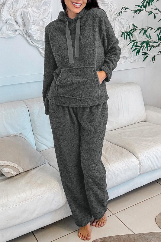 Medium Grey Fuzzy Drawstring Hoodie Lounge Pants 2pcs Set