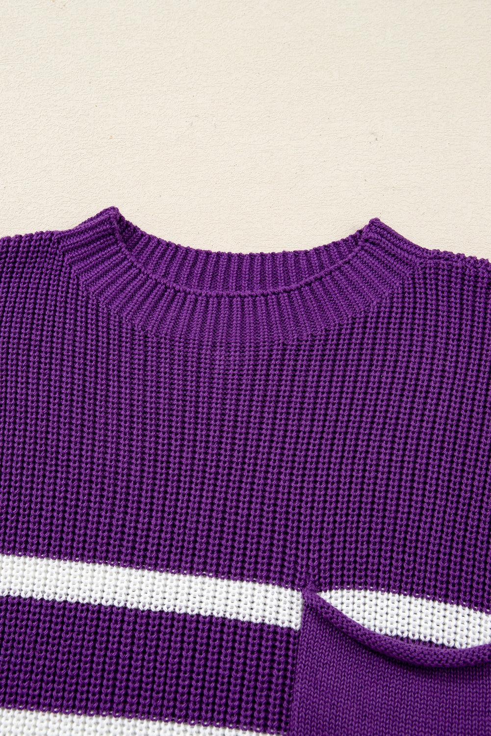 Purple Stripe Raw Edge Patched Pocket Short Sleeve Knit Sweater
